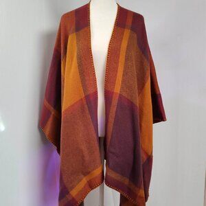 Apt. 9 Orange, purple, burgundy plaid ruana or poncho - 1 size fits most